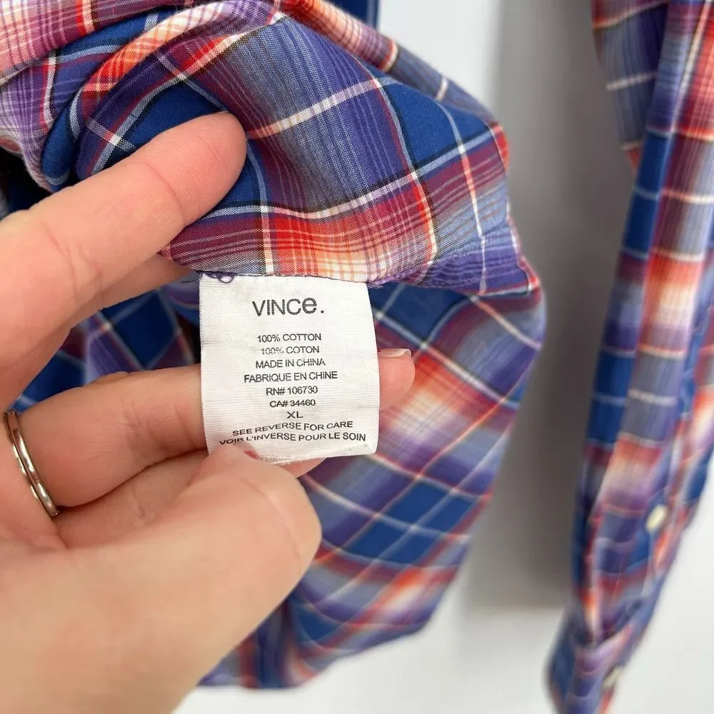 VINCE Men's Blue Red Plaid 100% Cotton Button Up Long Sleeve Shirt Size XL - Picture 5 of 5